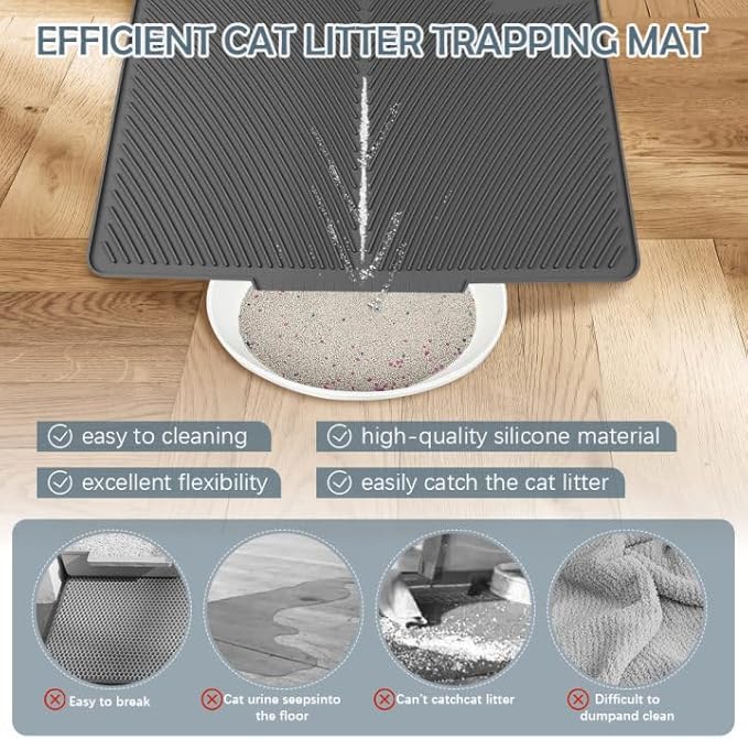 Cat Litter Mat, Silicone Kitty Litter Mat Waterproof Litter Catcher Mat, Litter Box Mat, Cat Litter Trapper for Floor, Anti-Slip and Easy to Clean (Grey)