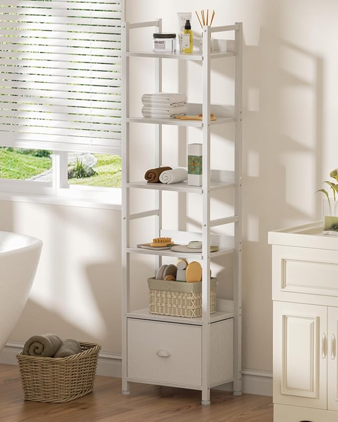Furologee 6 Tier Bookshelf, Tall Shelf with Drawer, Wood and Metal Bookshelves Storage Organizer, Modern Display Shelving Unit for Bedroom, Living Room, Home Office, White