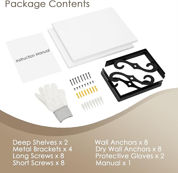 DINZI LVJ Deep Floating Shelves, 16" W x 12" D Wall Shelves Set of 2, Wide Display Shelf Wall Mounted with Brackets, Easy-to-Install Bookshelf for Living Room, Bathroom, Bedroom, White