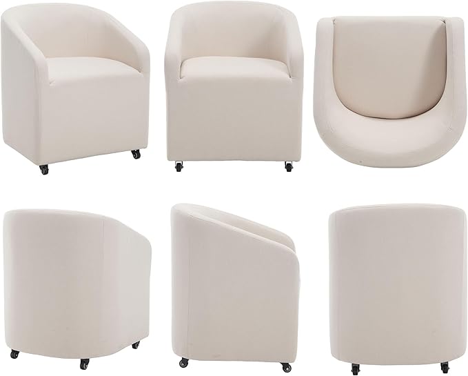 White Barrel Dining Chairs Set of 2, Modern Swivel Barrel Chairs with Wheels Casters Arms Back Comfy Linen Beige Upholstered Rolling Dining Chairs for Living Room Kitchen Bedroom