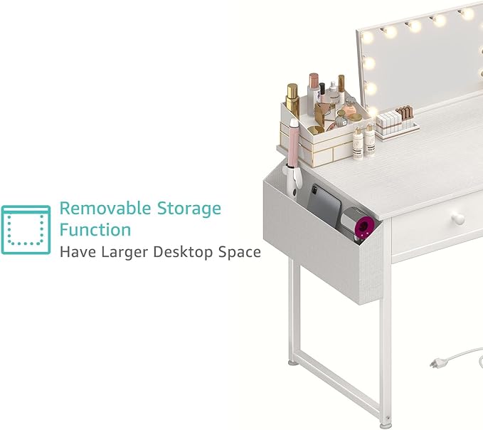 White Makeup Vanity Desk No Mirror with Chair, Small Vanity Table Set with Fabric Drawers, Power Outlet & Chair Without Mirror, Modern Make Up Desk for Girls Bedroom