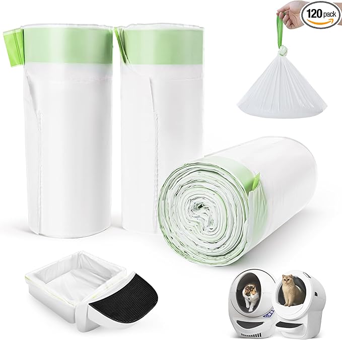120 Pack Litter Box Robot 3 and 4 Waste Bags, 1.5 Mils Thick Drawstrings Closure Cat Litter Box Bags Liners Compatible with Automatic Self-Cleaning Robot, Replacement Waste Drawer Liners