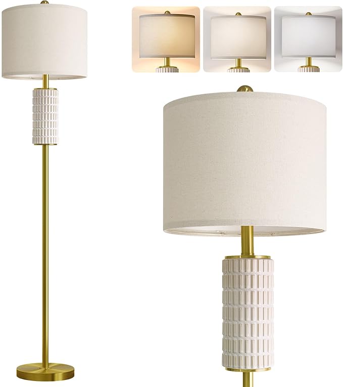 PoKat Ceramic Gold Floor Lamp with Remote, 64" Modern Floor Lamps for Living Room with Stepless Dimmable Colors Temperature, Tall Standing Lamp for Living Room Bedroom Reading, 9W Bulb Included