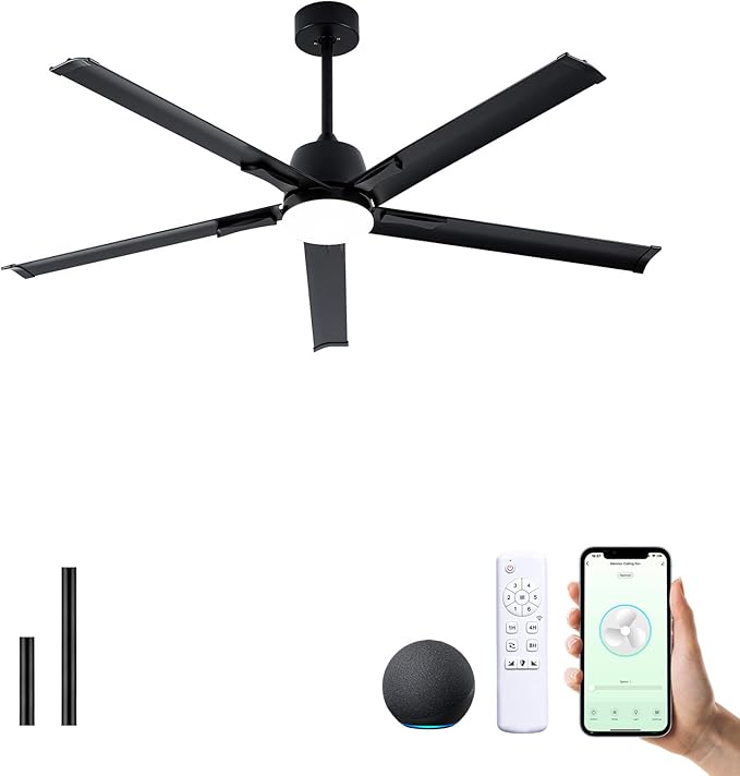 62 Inch Black Aluminum Ceiling Fan with Light,Smart ceiling fan with Alexa and APP(via WIFI),6 Speed,3CCT,Quiet DC Outdoor Indoor fan for patio and Living Room