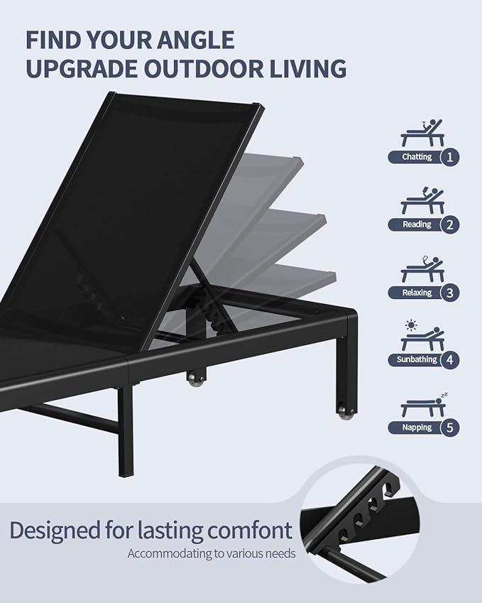 Aluminum Lounge Chairs Outdoor Chaise Furniture,2 Sets Patio Metal Deck Lounger Adjustable 5-Position Poolside Chase Recliner with Wheels for Beach,Coffee Table, (Black, 2 Chairs + Table)