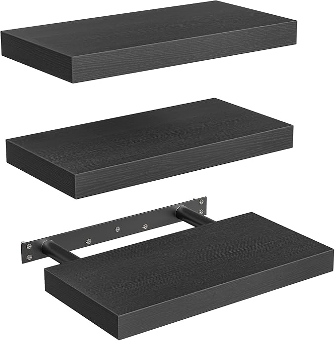 Floating Shelves for Wall, 1.5" Thick Wall Shelf Set of 3 with Invisible Brackets, 15.7L x 7.9W Hanging Book Shelves Farmhouse Home Decor for Bathroom, Living Room, Bedroom, Black 4301BJP3BK