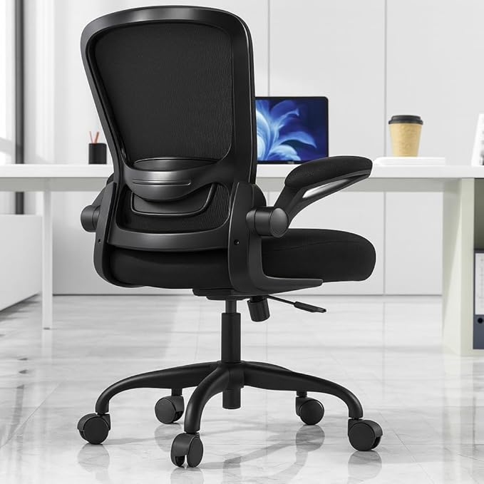Mimoglad Ergonomic Office Chair - BIFMA Certified, Flip-up Armrests & 135° Recline, Adjustable Lumbar Support - Space-Saving Task Chair for Business/Team Office & Home (Black, 300lbs)