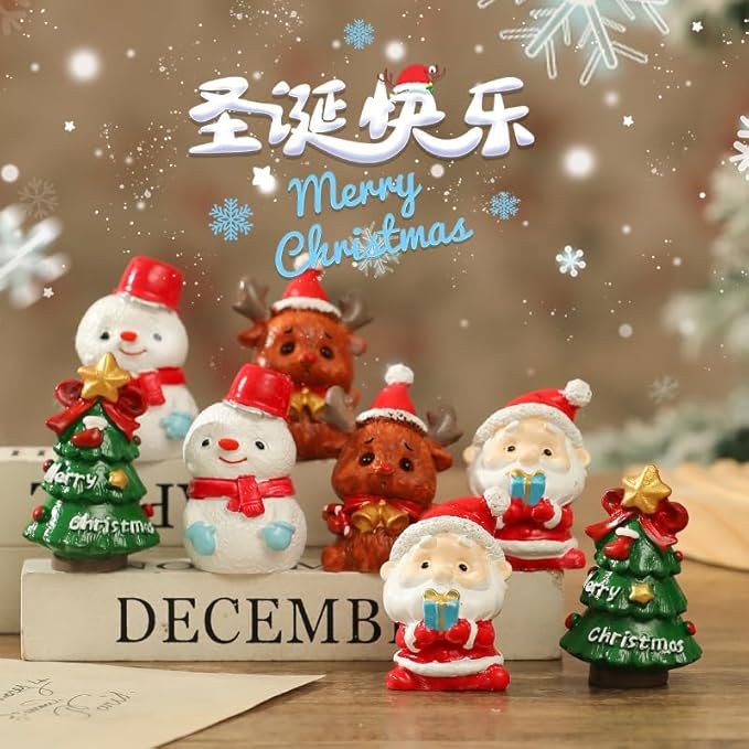 Christmas Decor Set - 4Pcs Cartoon Style Santa Claus Snowman Reindeer Tree Resin Tabletop Decor for Home Desk Shelf, Christmas Village Miniatures Set