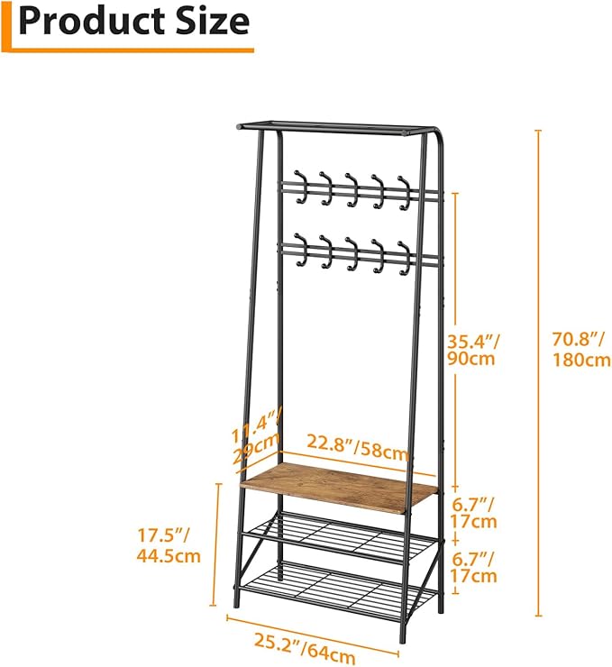 MDF Hall Tree with Bench, 4-in-1 Entryway Coat Rack with Storage Shelf & Shoe Organizer, Sturdy Freestanding Furniture for Living Room, Bedroom, Mudroom