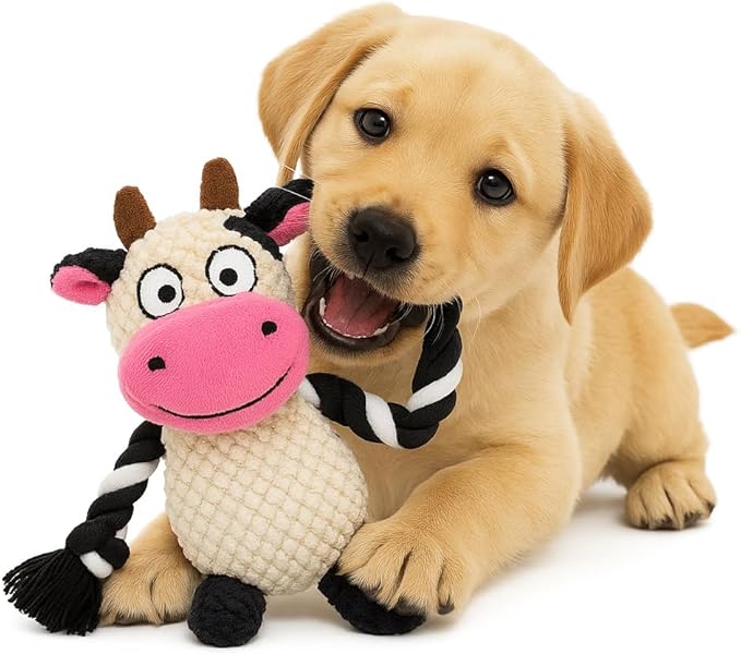 Dog Toy with Rope Arms Dairy Cow, Squeaky Interactive Pet Toy, Purple, for Small & Medium Dogs
