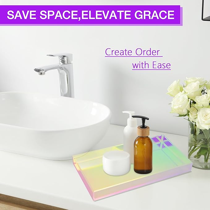 Acrylic Tray Iridescent 5mm Thicken 12x6'' - Vanity Makeup, Perfume, Jewelry Holder, Napkin, 12x6'' Decorative Serving Tray for Bathroom, Toilet Tank, Sink Countertop, Living Room,Dresser,Wedding