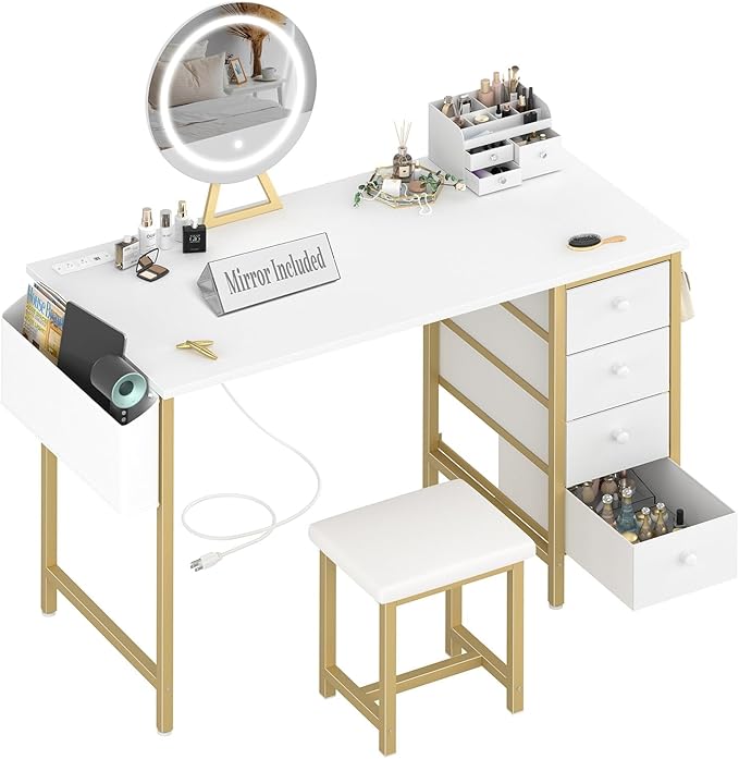 Gold Vanity Desk with Mirror and Light- Makeup Vanity Set Table with Chair, Storage, Lighted Mirror, 4 Large Fabric Drawers & Power Outlet, Dressing Table Vanities for Girls Bedroom