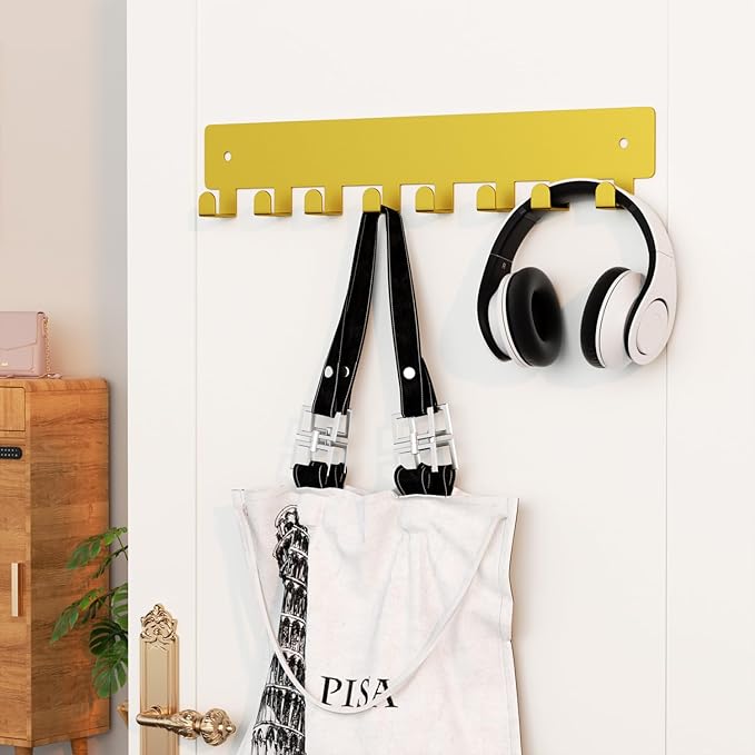 pickpiff Key Holder Wall Mount, Adhesive Key Rack with 8 Hooks Hanger for Car Key Ring, Metal Key Chain Organizer, Gold 1 Pack