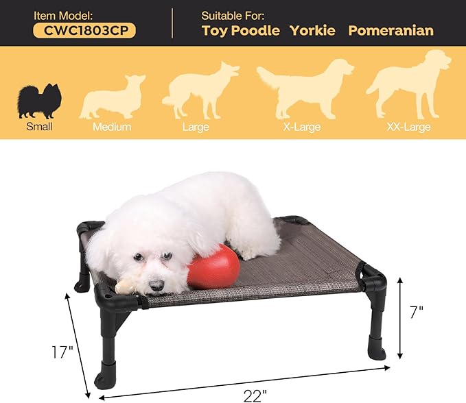 Veehoo Outdoor Elevated Dog Cot Bed, Cooling Raised Pet Bed for Small Dogs, Washable Breathable Mesh Hammock Bed with No-Slip Feet, Indestructible Ground Off Training Platform Cot-22"x17" Brown