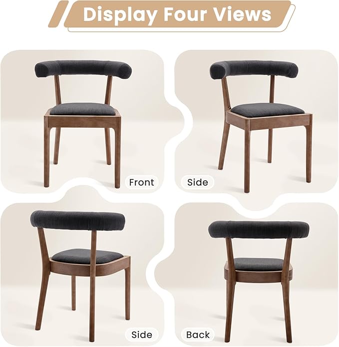 Kmax Mid-Century Modern Dining Chairs Set of 4, Upholstered Fabric Kitchen Chairs with Natural Walnut Frame & Linen Curved Back, Charcoal Black