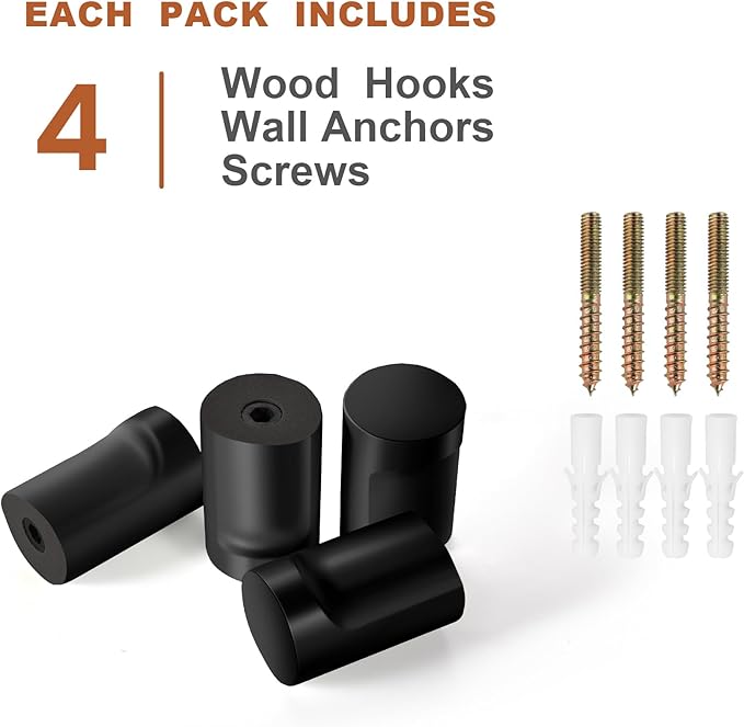 Wood Wall Hooks, 4 Pack Black Decorative Coat Hooks Wall Mounted, Heavy Duty Entryway Hat Hooks Wall Hangers for Hanging Purse, Towels, Clothes, Backpack