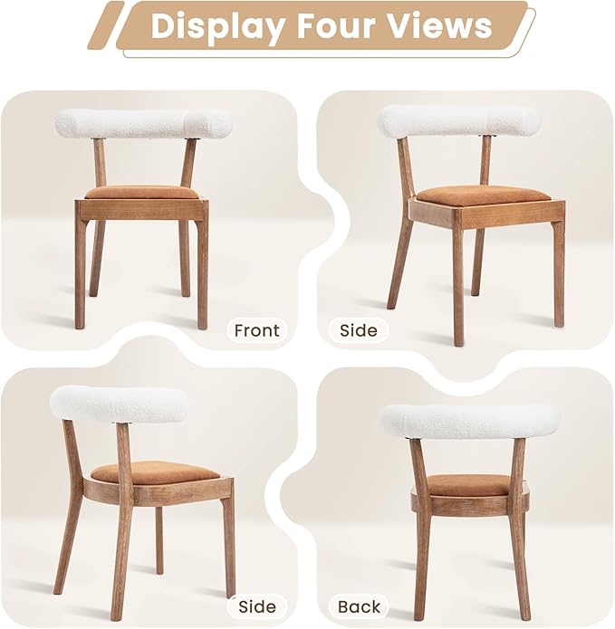 Kmax Dining Room Chairs Mid-Century Modern Leather Kitchen Chairs with Natural Walnut Finished Frame, Fur White Curved Back, Set of 6, PU Brown