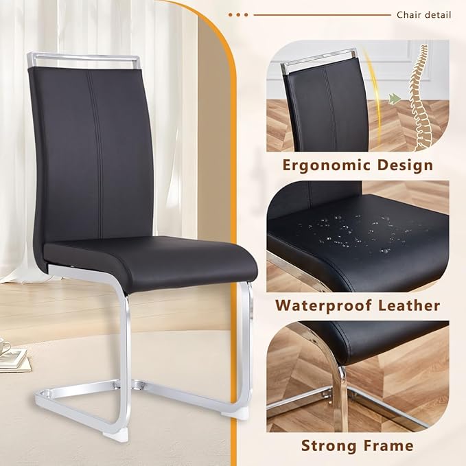 63'' Glass Dining Table Set for 4, Kitchen Table Chairs Set of 4, Clear Glass Dining Table with White unique design Leg and Silver Metal Base, 4 PU Dining Chairs with Metal Legs, Living Room, Kitchen.