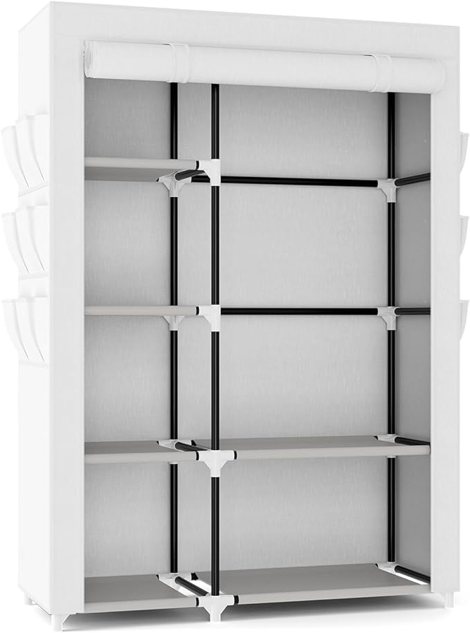 VTRIN Wardrobe Closet, 41.7 Inch Wide Portable Closets for Hanging Clothes with 1 Hanging Rod, 6 Shelves, 6 Pockets, Clothes Rack with Cover Portable Wardrobe Closet for Bedroom, Dorm, White