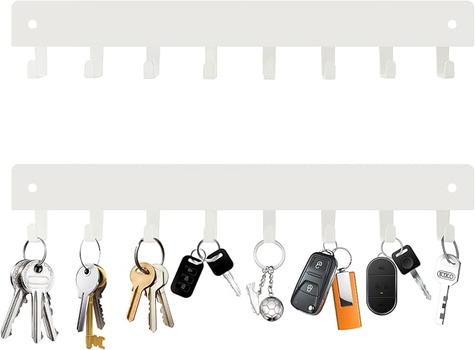 2 Pack Key Holder for Wall, Key Hooks with 8 Hooks Mount Keys on Wall, No Drilling Required, Holders Use for Living Room Kitchen Corridor Decor(White)