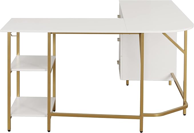 Techni Mobili L Shaped Desk - Two-Toned Computer Desk with Drawers & Storage Shelves - Simple Modern Furniture & Home Office Space Corner Table for Work & Writing