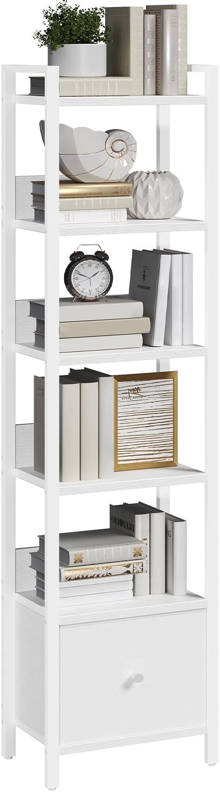 Bookshelf, 6-Tier Bookcase with Drawer, Small Book Shelf for Small Space, Storage Shelf Organizer, for Living Room, Bedroom, Study, Kitchen, White BKWT66101