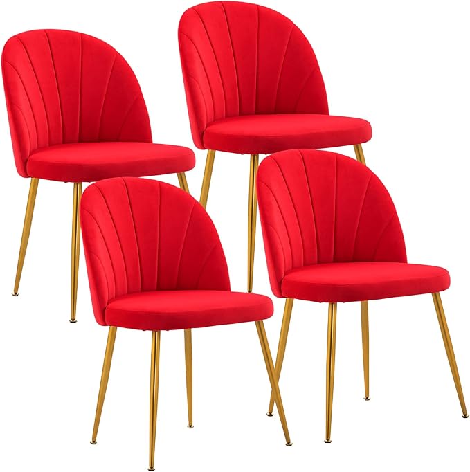 Velvet Dining Chairs Set of 2, Upholstered Mid Century Modern Dining Room Chairs, Armless Accent Chair with Metal Gold Legs for Living Room, Kitchen, Rose Red