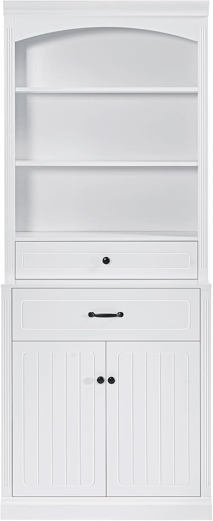 Tall Cabinet with 2 Drawers and Doors, Multi-Functional Storage Unit Set/Bookcase, Kitchen Cabinets, Pantry Cupboard for Living Room/Home Office/Bathroom, White