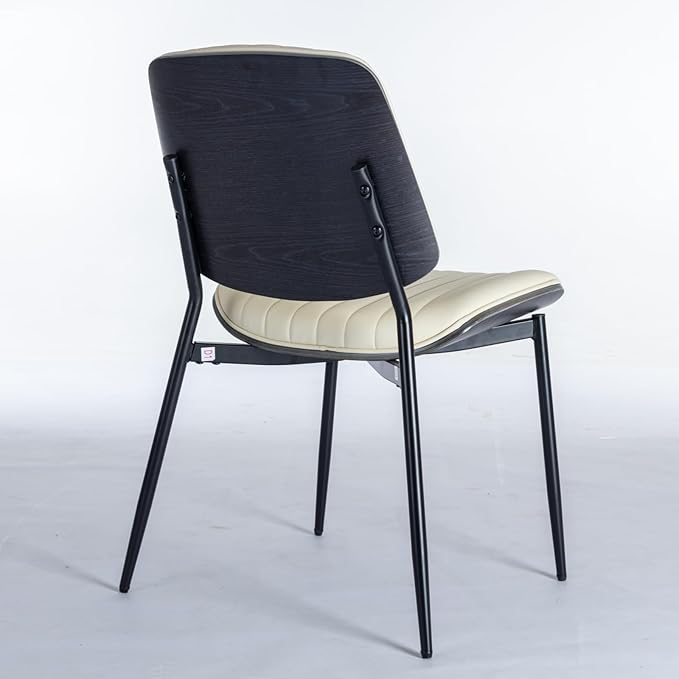 Dining Chairs Set of 8, Mid Century Modern Accent Dining Room and Kitchen Chairs, Upholstered PU Leather Vertical Stripe Chairs for Vanity with Walnut Bentwood and Metal Legs, Beige