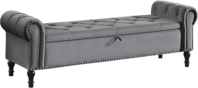 Velvet Storage Bench 67 Inch Upholstered Tufted Ottoman Bench with Rolled Arms Large Storage Space King Size End of Bed Bench for Bedroom Living Room Entryway Dark Grey