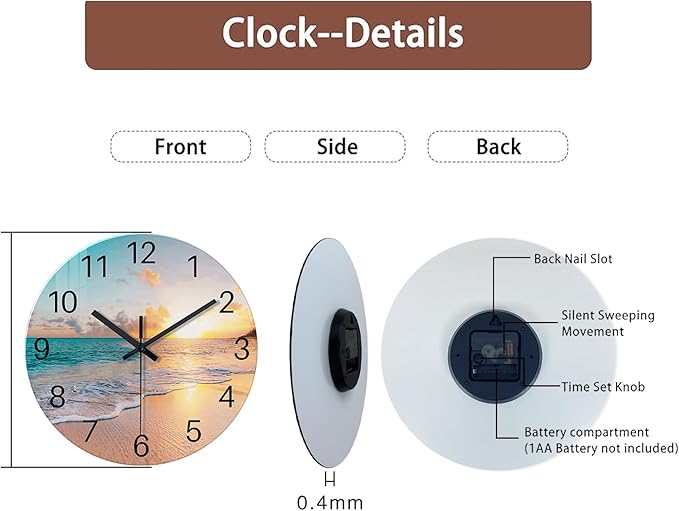 Beach Wall Clock Silent Analog Glass Wall Clocks Battery Operated 16 Inches or Larger Blue Clocks for Living Room