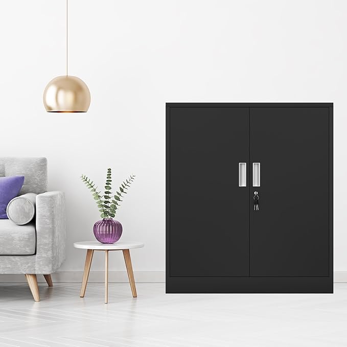 Metal Storage Cabinet with Locking Doors and 2 Adjustable Shelves, Small Lockable Storage Cabinet for Home Office Garage (Black)