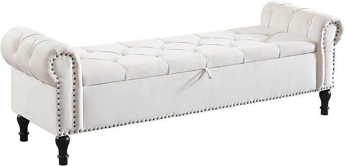 Velvet Storage Bench 67 Inch Upholstered Tufted Ottoman Bench with Arms Large Storage Space King Size End of Bed Benches for Bedroom Living Room Entryway Beige