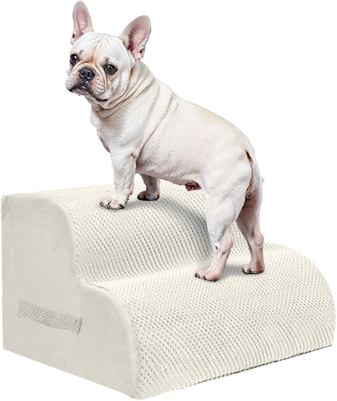 PAWSCART Dog Stairs for Small Pets, 11.8" H with 30D Material Soft Foam, Portable Ramp Non-Slip Surface Non-Slip for Couch and High Bed Climbing, 2-Step Stairs for Cat or Dog, Beige