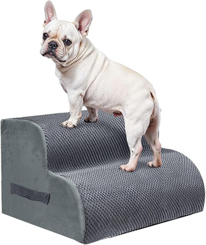 PAWSCART Dog Stairs for Small Pets, 11.8" H with 30D Material Soft Foam, Portable Ramp Non-Slip Surface Non-Slip for Couch and High Bed Climbing, 2-Step Stairs for Cat or Dog, Grey
