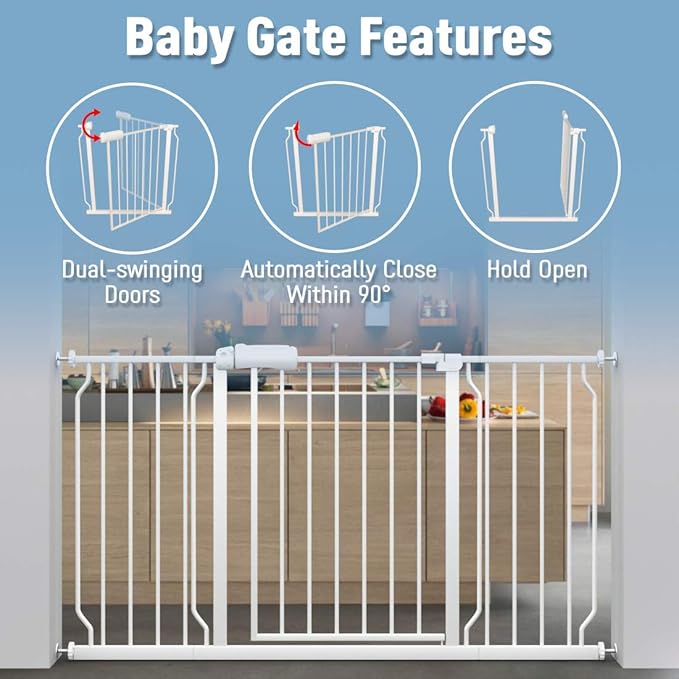 ALLAIBB Extra Wide Baby Gate Pressure Mount Auto Close White Metal Child Dog Pet Safety Gates with Walk Through for Stairs,Doorways,Kitchen and Living Room(71.65-76.38"/182-194cm)