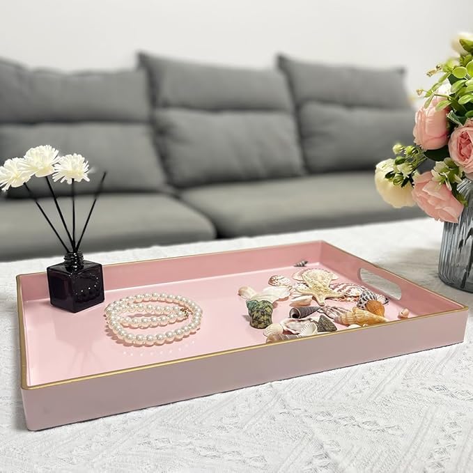 Pink Serving Tray with Handles, Rectangular Decorative Tray for Coffee Table, Plastic Ottoman Tray for Living Room, Bathroom, Kitchen Tabletop, 15.6”x 10.2”x1.37”