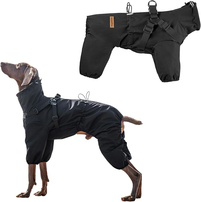 Dog Raincoat with Harness for Medium and Large Dogs, Adjustable Waterproof Dog Rain Jacket,Reflective Rainproof Puppy 4 Legs Raincoat-Black,5XL