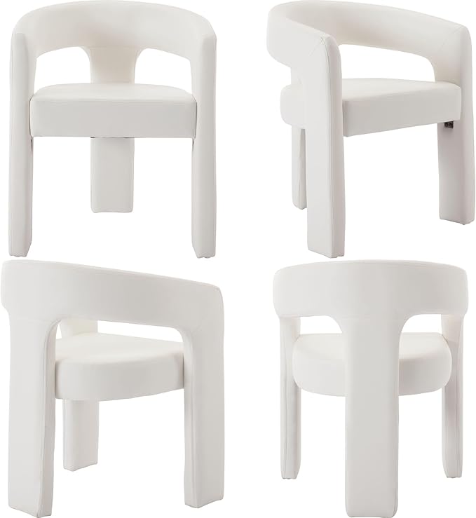 Set of 2 Modern PU Leather Upholstered Dining Chairs with Open-Back, Cute Barrel Side Chairs Kitchen Armchair Accent Chairs for Dining Room Bedroom, White
