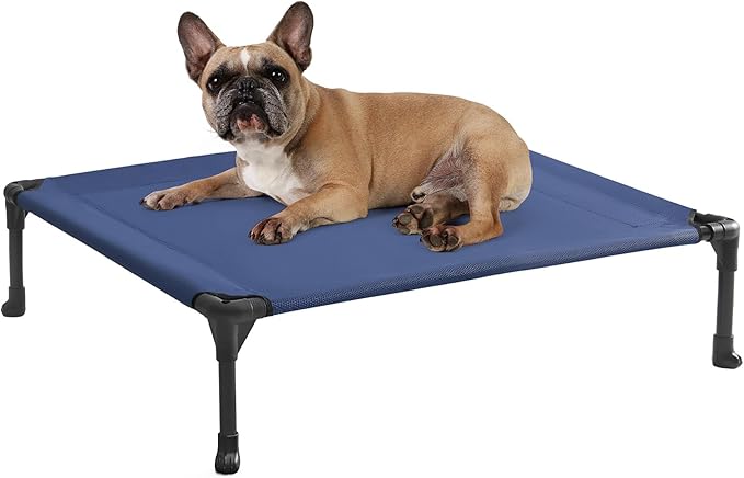 Veehoo Outdoor Elevated Dog Cot Bed, Cooling Raised Pet Bed for Medium Dogs, Washable Breathable Mesh Hammock Bed with No-Slip Feet, Indestructible Ground Off Training Platform Cot-32"x25" Blue