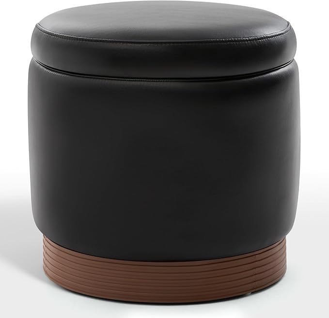 Round Storage Ottoman,Swivel Vanity Stool-Leather Foot Rest,Upholstered Footstool Pouf with Sturdy Acacia Wood Frame(500 lbs),Small Coffee Table & Hidden Storage Ottoman for Living Room