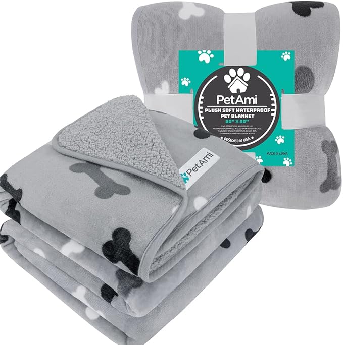 PetAmi Waterproof Dog Blanket for Medium Large Dogs, Pee Proof Pet Bed Couch Cover, Reversible Water Proof Blanket for Puppy Indoor Cat, Soft Dog Pee Crate Cover, Washable, 60x80 Bone Gray