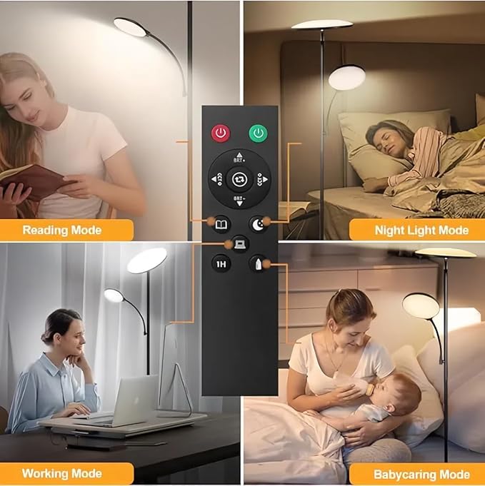 Floor Lamp, 2025 Upgraded 42W 4500LM Super Bright LED Floor Lamp with Rotatable Reading Light, Touch Remote Control & Memory Function, Stepless Dimmable Standing Lamp for Living Room Bedroom, Black