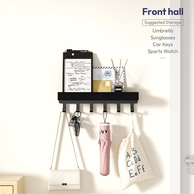 SWTYMIKI Key Holder Wall Mount - Wooden Key Hooks for Wall with Mail Organizer & 6 Hooks, 2 Installation Ways Key Hanger, Key Rack with Shelf for Entryway Living Room Bedroom Office Home Decor Black