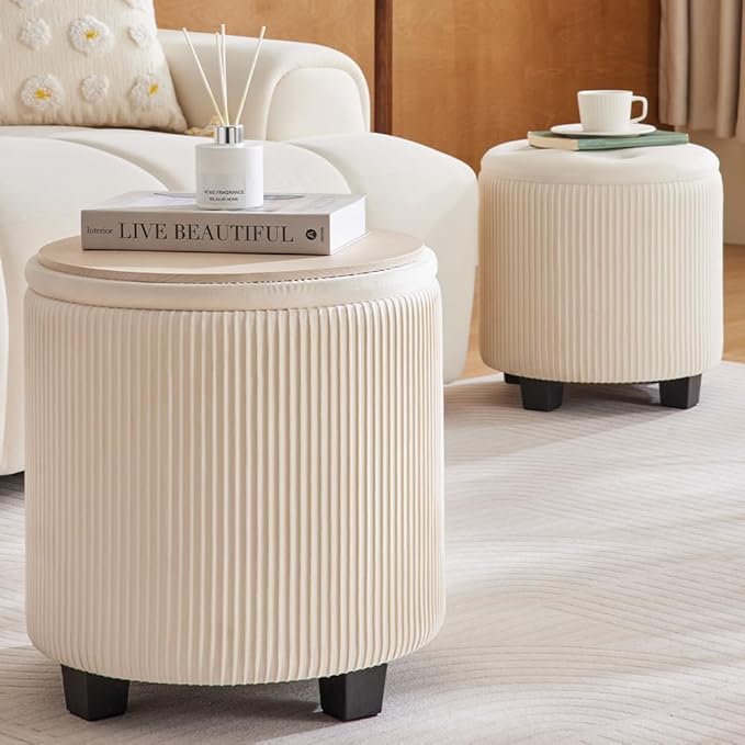 Round Ottoman with Storage Set of 2-Upholstered Sherpa Vanity Stool for Makeup Multifunctional Ottomans Coffee Table Padded Seat Foot Rest (Engineered Wood, Large White)