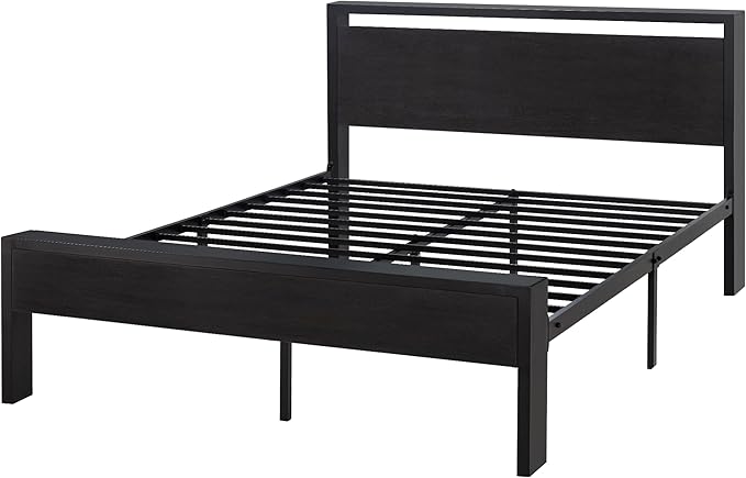 SHA CERLIN 14 Inch Full Size Metal Platform Bed Frame with Wooden Headboard and Footboard, Mattress Foundation, No Box Spring Needed, Large Under Bed Storage, Non-Slip Without Noise, Black Oak