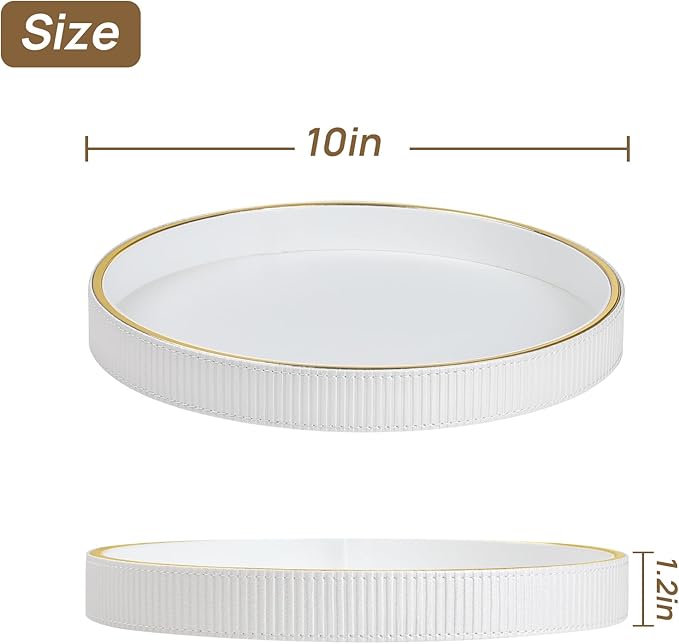 Round Decorative Tray for Coffee Table Decor, PU Leather Coffee Table Tray Golden Trim for Home Decor Living Room Dining Table, Perfume Trays Nightstand Organizer (White)
