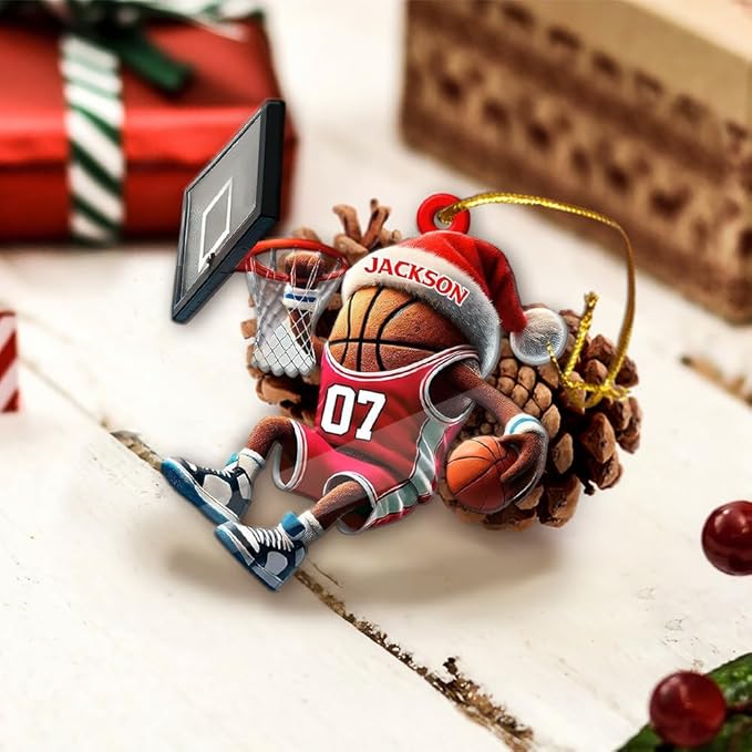 Custom Basketball Christmas Ornaments 2025, Custom Name Basketball Acrylic Christmas Tree Decorations, 2D Flat Baller Ornaments for Tree 07