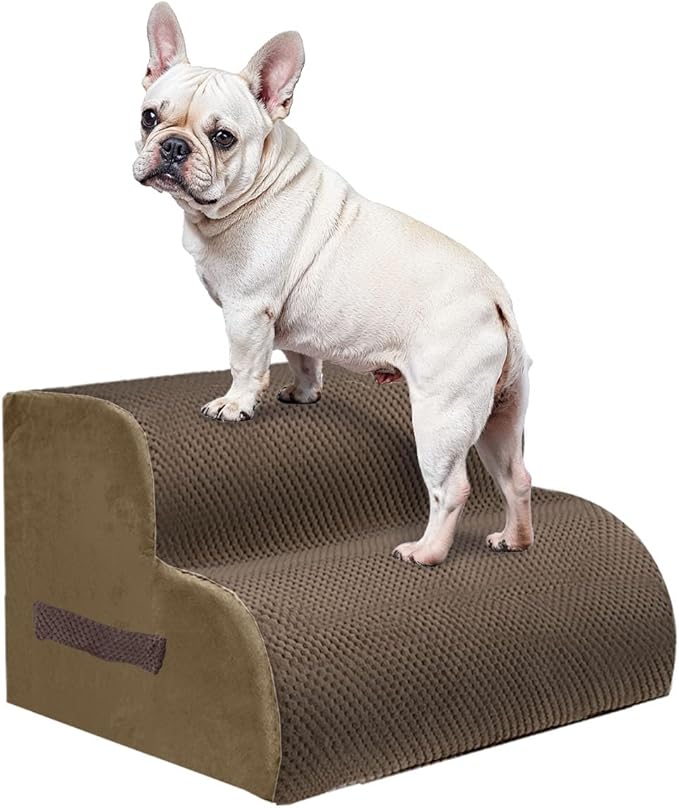 PAWSCART Dog Stairs for Small Pets, 11.8" H with 30D Material Soft Foam, Portable Ramp Non-Slip Surface Non-Slip for Couch and High Bed Climbing, 2-Step Stairs for Cat or Dog, Brown
