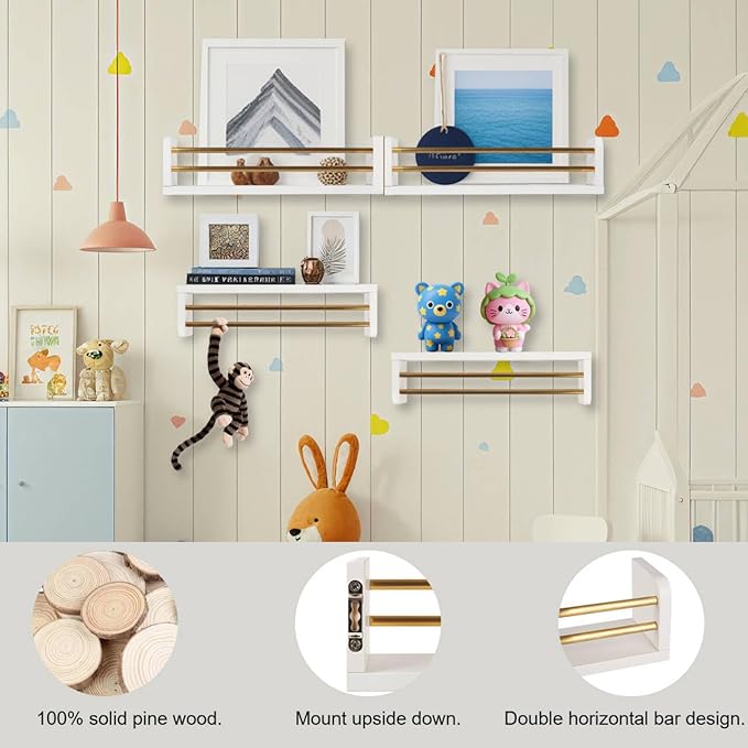 Nursery Wall Bookshelves 4-Pack, Floating Shelves for Kids Room Décor, Baby & Toddler Book Shelf Organizer, Solid Wood Wall-Mounted Rack for Books, Toys & Nursery Storage